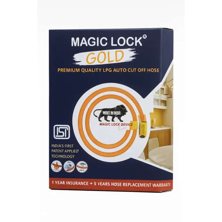  Magic Lock Gold Suraksha LPG Safety Hose 1.5 M, I.S.I – Built-in Auto-Lock Nano Safety Device, ISI & BIS Certified, 5-Year Warranty + 50 LAC  Insurance